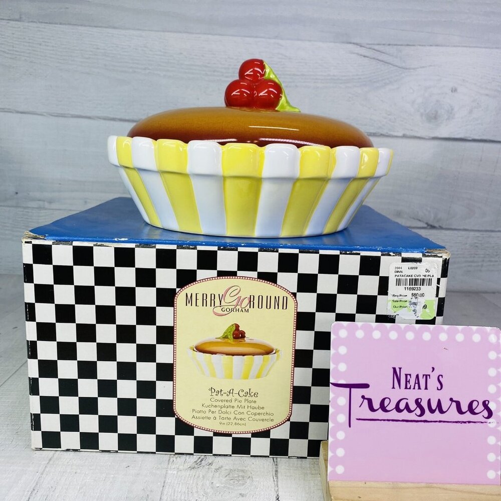 Gorham Merry Go Round PAT-A-CAKE Cherry Pie Yellow Striped 9" Covered Pie Plate